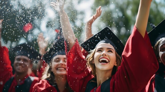 Joyful group of graduates celebrating academic achievement outdoors with raised arms and confetti