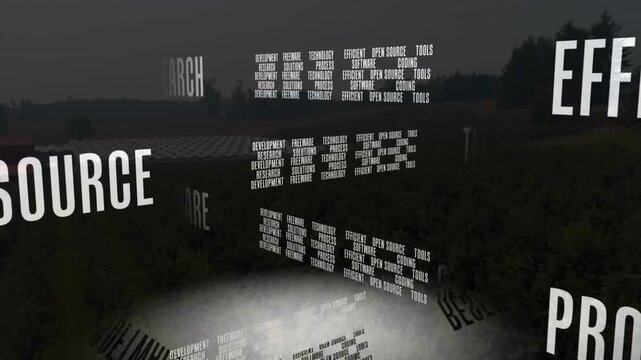 At start camera orbiting text cluster, showing open source via rotating panels under dusk spotlight