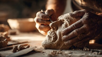 Skilled hands meticulously shape an earthen bust on a dusty wooden surface under warm light