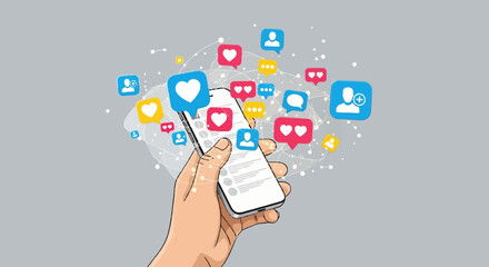 Vector illustration of a hand holding a smartphone with floating social media icons