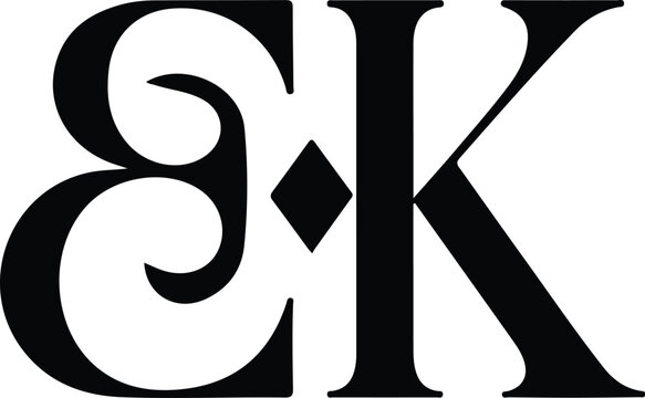 Elegant black monogram ebk letters with diamond shape central design isolated on transparent background