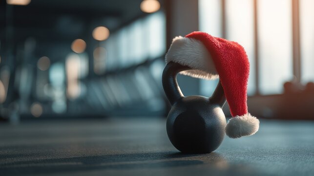 Kettlebell Wearing a Christmas Santa Hat in Gym Setting - Powered by Adobe