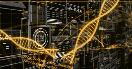 Glowing helix emerging and pulsing, weaving through panels updating codes visualizing genetic data - Powered by Adobe