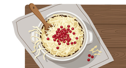 Crock of sauerkraut with berries on towel for healthy food blog and fermented product branding design