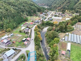 A rural area with a river running through it. The houses are small and spread out
