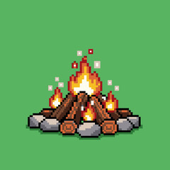 Pixel art illustration of a burning campfire with logs and stones on a solid green background.