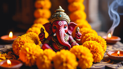 A traditional red Ganesha statue adorned with a garland of soft yellow marigold flowers and the light of a diya.