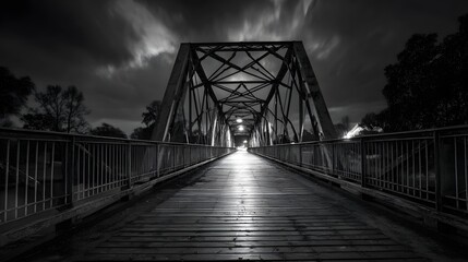 Dramatic long exposure captures a historic metal truss bridge at night with moody clouds overhead