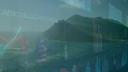 Graphs appearing then sliding line and pie charts rising, visualizing market data over seascape - Powered by Adobe