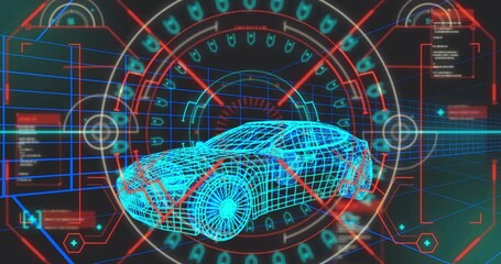 On cyan wireframe car appearing on grid, red scanning rings sweeping surfaces registering data - Powered by Adobe