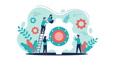 Fototapeta premium Illustrated Teamwork: People Collaborating Around a Central Gear Mechanism