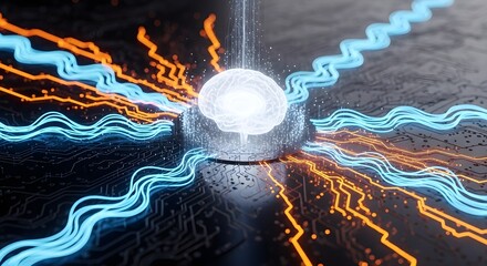 Conceptual illustration of a glowing brain connected to electronic circuits, representing artificial intelligence.