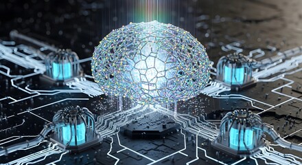 Artificial intelligence concept: A glowing brain connected to computer nodes.