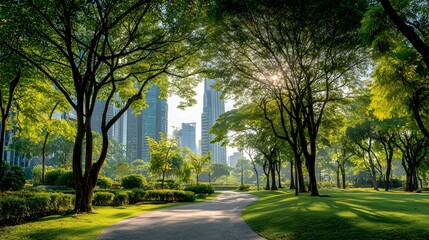 Obraz premium Lush green parkland path contrasts beautifully with the towering backdrop of modern city skyscrapers