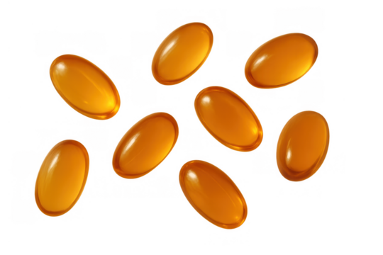 Floating golden gel capsules representing health, medicine, and nutritional supplements on transparent background