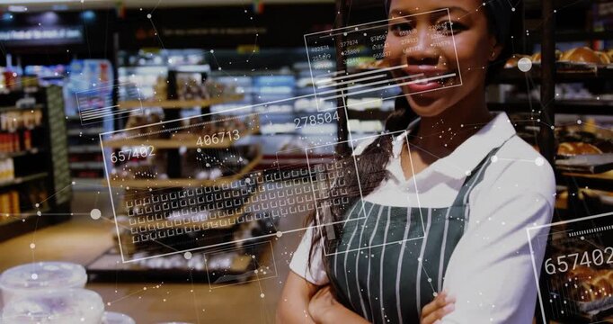 female bakery clerk folding arms at cookie display initiating scanning overlays measuring freshness