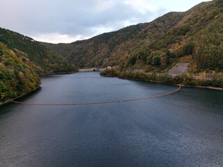 A calm lake with a forest in the background. The water is blue and the sky is cloudy