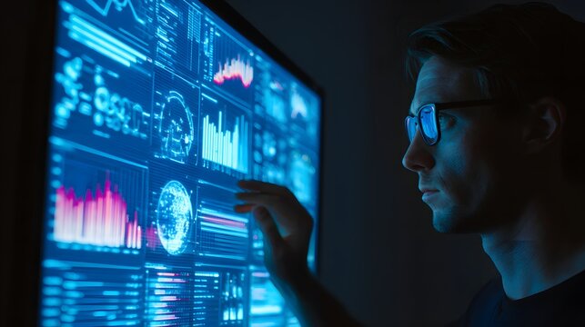 Young professional interacts with a large display showing complex digital analytics in a dim environment - Powered by Adobe