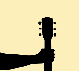 Silhouette of hand holding guitar acoustic concept design. Icon of musical instrument. Vector illustration.
