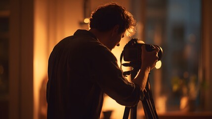 Photographer operating professional camera mounted on a tripod indoors with warm backlighting
