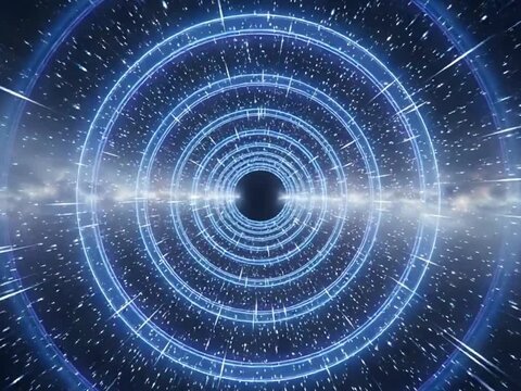 Seamless galaxy tunnel loop with glowing energy waves, star particles, and space warp effects. Perfect for cosmic visuals and sci-fi motion art.