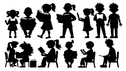 Captivating silhouette collection of children reading, writing and learning, perfect for education projects, school materials, and promoting literacy initiatives