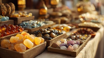 Assortment of polished natural stones and beads displayed for sale at an outdoor market stall