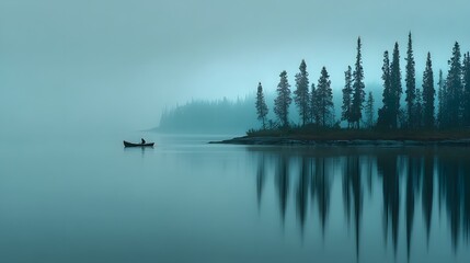 Solitary figure paddles a small boat across a calm lake near a dense, misty shoreline forest.