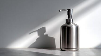 Obraz premium Stainless steel liquid dispenser casts a strong shadow under directional lighting