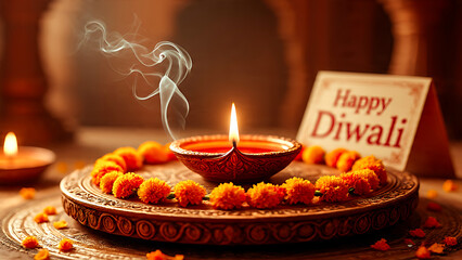 “Happy Diwali” greeting card with an antique brass oil lamp featuring beautiful decorative motifs.