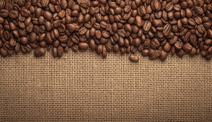 Roasted coffee beans form a textured border above a burlap surface.