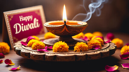 “Happy Diwali” greeting card with an antique brass oil lamp featuring beautiful decorative motifs.