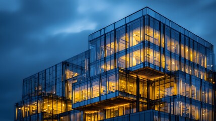 Modern corporate structure glows with interior illumination against a dark twilight sky