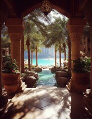 Archway reveals a luxurious tropical pool with palm trees and ocean.