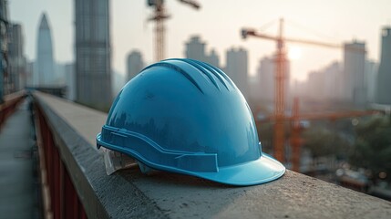 A blue construction helmet rests on a concrete ledge, overlooking a cityscape filled with cranes and buildings in the background.