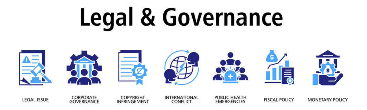 Legal & Governance banner web icon vector illustration concept with icon of legal issue, corporate governance, copyright infringement, international conflict, public health emergencies