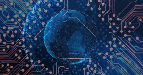 Circuit activating globe fading, rotating as nodes pulsing and particles drifting showing data flow - Powered by Adobe