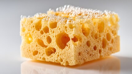 Porous cleaning implement resting on a reflective surface displays tiny bubbles across its top edge