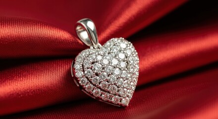 Sparkling Diamond Heart Pendant on Luxurious Red Silk Fabric