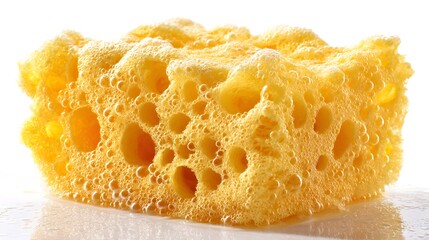 Bright yellow porous cleaning item covered in soapy lather sits on a wet surface