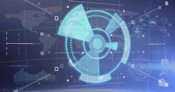 Interface loading triggers sweeping wedges, rotating hub scanning nodes to display network status