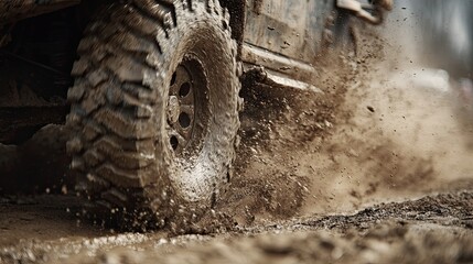 A close-up of a muddy tire kicking up dirt, showcasing the rugged texture and dynamic motion of off-road driving.