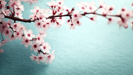 Fototapeta premium Delicate pink blossoms bloom on a branch against a textured blue background.