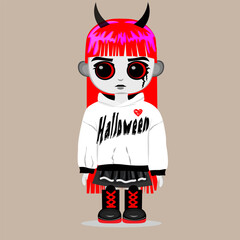 Art, Minimalist vector illustration of a Kawaii Goth -Chibi doll character with bright red hair, devil horns, and a hoodie featuring a prominent Bitcoin graphic, making it ideal for cryptocurrency 