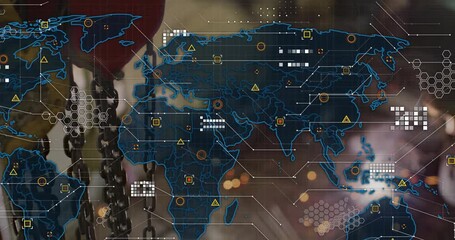 Welder igniting weld arc for seam, digital map overlay expanding icons while sparks lighting hoist - Powered by Adobe