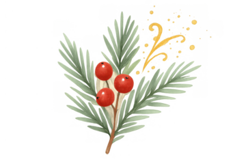 Christmas pine branch watercolor painting with red berries and golden swirls, festive holiday decor on transparent background