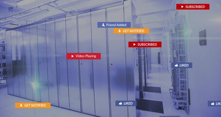 Message prompt floating over cabinets subscribe buttons sliding pulsing icons showing engagement