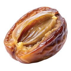 Open Date Fruit Showing Inside Flesh: Macro shot of an opened date fruit showing its golden-brown soft interior and pit, PNG cut out.