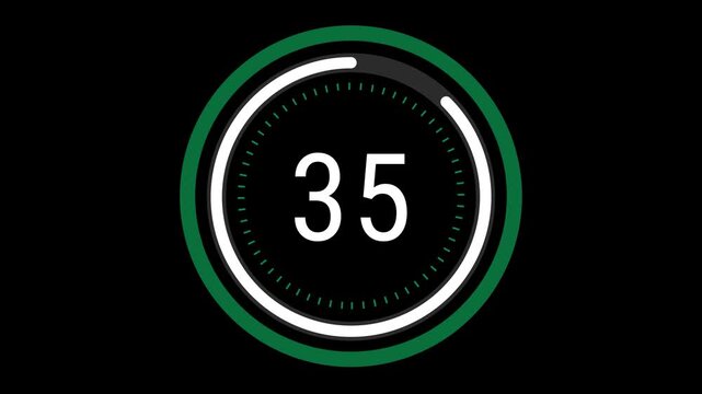 40-second sleek green and white countdown with a rotating dashed inner ring, a pulsating outer circle, and a decreasing time gauge on a black background. 4K Motion Graphics.