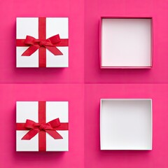 White gift boxes with red ribbon and open empty container.